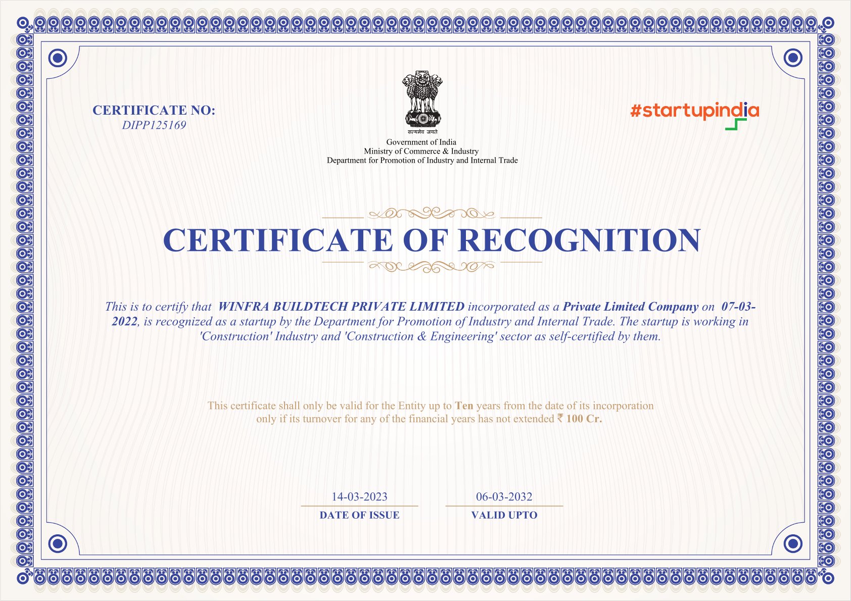 Winfra Start Up India Certificate